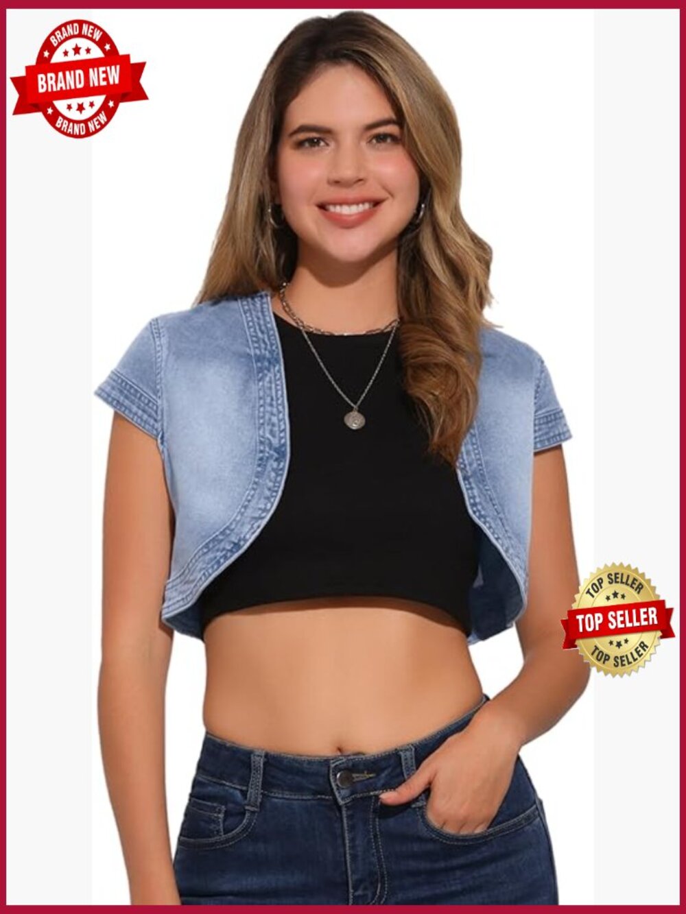 Cropped Denim Jacket Cap Sleeve Open Front Jean Jacket Shrug Casual Summer